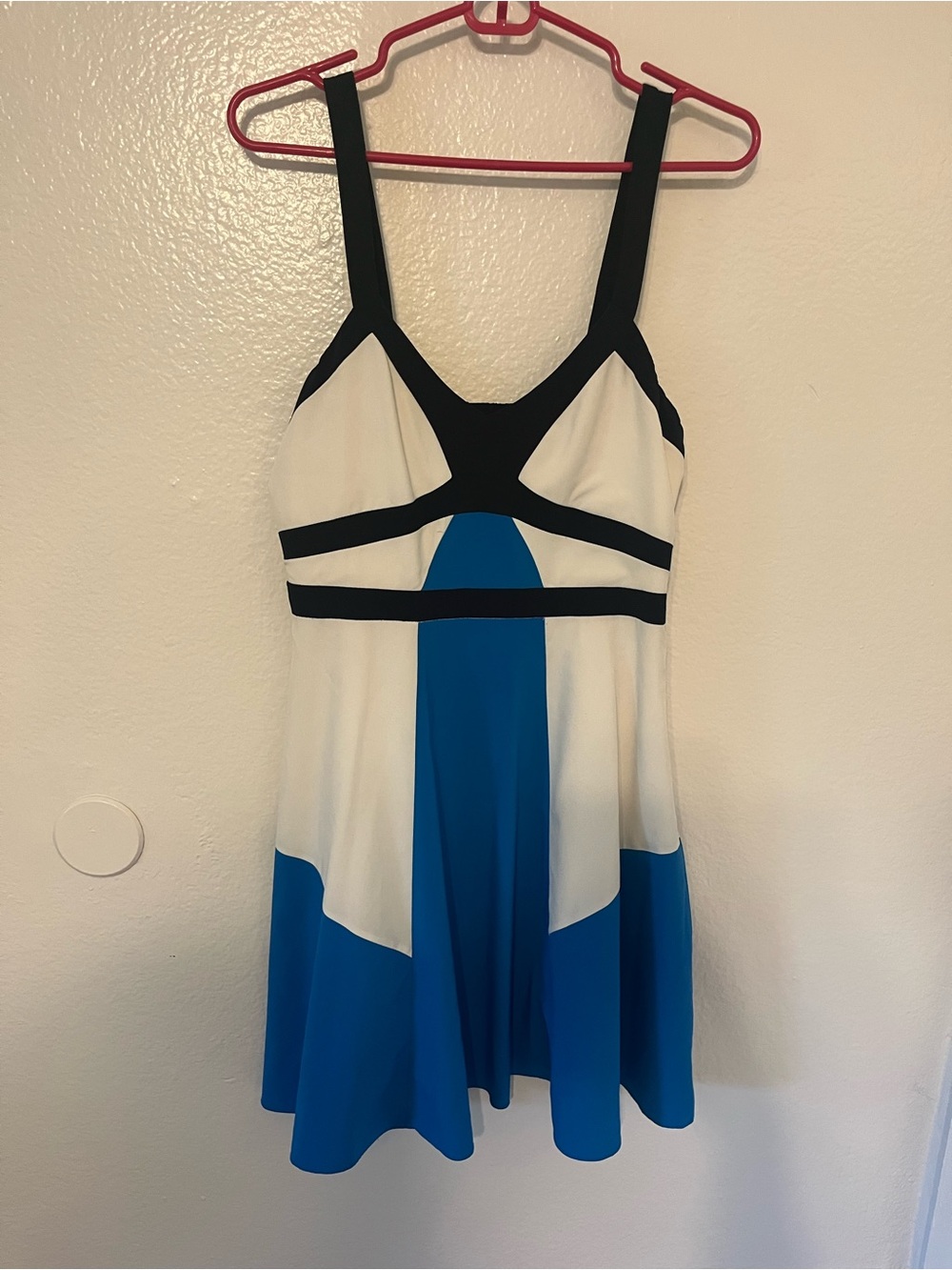 Colorblock Blue and White Fit-and-Flare Dress with Black Trim